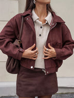 Suede Drop Shoulder Women's Cropped Jacket - Stand Collar Zip Up Slim Fit - Minimalist Spring Casual Outfits 2026