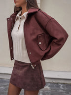 Suede Drop Shoulder Women's Cropped Jacket - Stand Collar Zip Up Slim Fit - Minimalist Spring Casual Outfits 2026