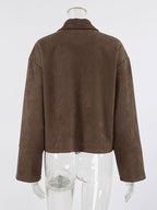 Mocha Suede Women's Cropped Jacket - Minimalist Zip Up Polo Collar Boxy Fit - Street Casual Spring Daily Outfits 2026
