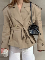 Khaki Belted Waist Women's Short Trench Coat - Chic Double Breasted Jacket - Old Money Spring Outfits 2026
