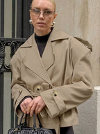 Khaki Belted Waist Women's Short Trench Coat - Chic Double Breasted Jacket - Old Money Spring Outfits 2026