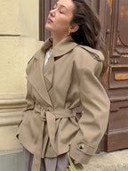 Khaki Belted Waist Women's Short Trench Coat - Chic Double Breasted Jacket - Old Money Spring Outfits 2026