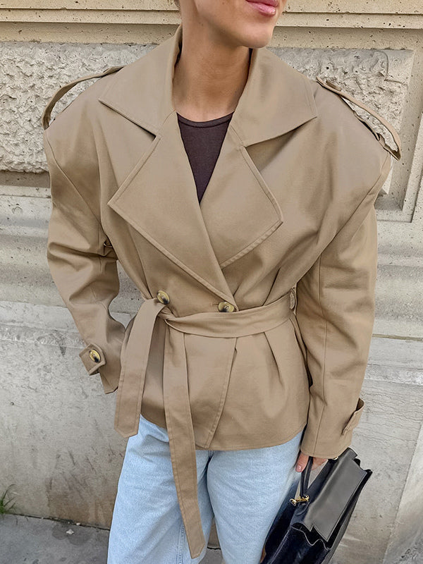 Khaki Belted Waist Women's Short Trench Coat - Chic Double Breasted Jacket - Old Money Spring Outfits 2026
