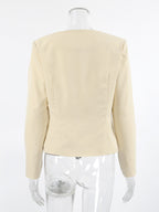 Butter Yellow Women's Cropped Blazer - Elegant Buckle Front Round Neck Jacket - Slim Fit Date Night Outfits 2026