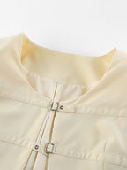 Butter Yellow Women's Cropped Blazer - Elegant Buckle Front Round Neck Jacket - Slim Fit Date Night Outfits 2026