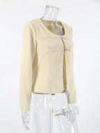 Butter Yellow Women's Cropped Blazer - Elegant Buckle Front Round Neck Jacket - Slim Fit Date Night Outfits 2026