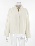 Stand Collar Women's Short Coat - Cream Oversized Fit Jacket - Minimalist Spring Street Casual Outfits 2026