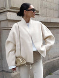 Stand Collar Women's Short Coat - Cream Oversized Fit Jacket - Minimalist Spring Street Casual Outfits 2026
