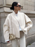 Stand Collar Women's Short Coat - Cream Oversized Fit Jacket - Minimalist Spring Street Casual Outfits 2026