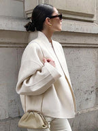 Stand Collar Women's Short Coat - Cream Oversized Fit Jacket - Minimalist Spring Street Casual Outfits 2026