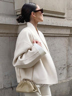 Stand Collar Women's Short Coat - Cream Oversized Fit Jacket - Minimalist Spring Street Casual Outfits 2026