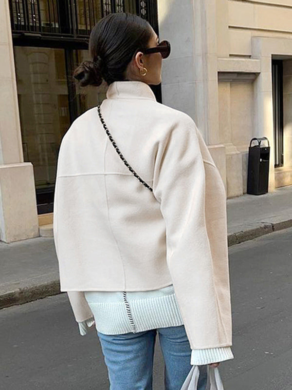Stand Collar Women's Short Coat - Cream Oversized Fit Jacket - Minimalist Spring Street Casual Outfits 2026