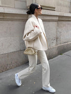 Stand Collar Women's Short Coat - Cream Oversized Fit Jacket - Minimalist Spring Street Casual Outfits 2026