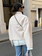 Stand Collar Women's Short Coat - Cream Oversized Fit Jacket - Minimalist Spring Street Casual Outfits 2026