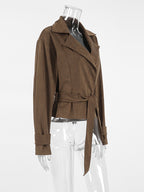 Brown Suede Women's Cropped Blazer - Retro Lapel Belted Waist Regular Fit Jacket - Vintage Spring Daily Outfits 2026