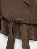 Brown Suede Women's Cropped Blazer - Retro Lapel Belted Waist Regular Fit Jacket - Vintage Spring Daily Outfits 2026