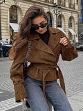 Brown Suede Women's Cropped Blazer - Retro Lapel Belted Waist Regular Fit Jacket - Vintage Spring Daily Outfits 2026