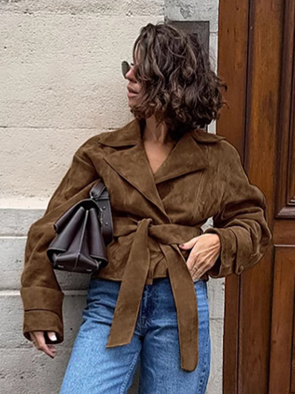 Brown Suede Women's Cropped Blazer - Retro Lapel Belted Waist Regular Fit Jacket - Vintage Spring Daily Outfits 2026
