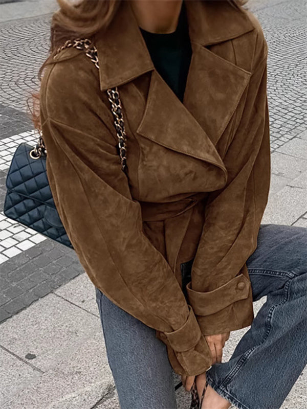Brown Suede Women's Cropped Blazer - Retro Lapel Belted Waist Regular Fit Jacket - Vintage Spring Daily Outfits 2026