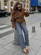 Brown Suede Women's Cropped Blazer - Retro Lapel Belted Waist Regular Fit Jacket - Vintage Spring Daily Outfits 2026