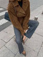 Brown Suede Women's Cropped Blazer - Retro Lapel Belted Waist Regular Fit Jacket - Vintage Spring Daily Outfits 2026
