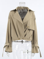 Cropped Khaki Women’s Trench Jacket - Lantern Sleeve Lapel Short Windbreaker - Casual Streetwear Spring Outerwear 2026
