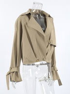 Cropped Khaki Women’s Trench Jacket - Lantern Sleeve Lapel Short Windbreaker - Casual Streetwear Spring Outerwear 2026