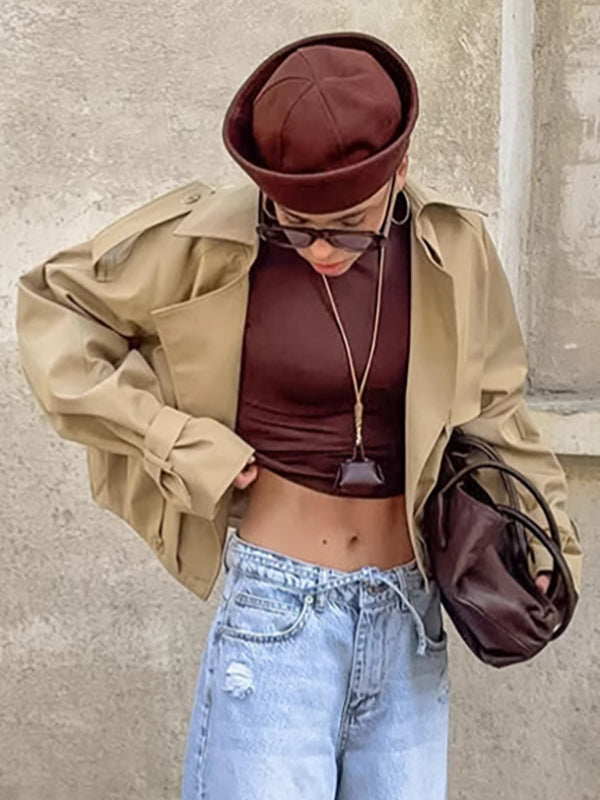 Cropped Khaki Women’s Trench Jacket - Lantern Sleeve Lapel Short Windbreaker - Casual Streetwear Spring Outerwear 2026