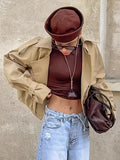 Cropped Khaki Women’s Trench Jacket - Lantern Sleeve Lapel Short Windbreaker - Casual Streetwear Spring Outerwear 2026