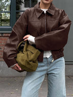 Faux Leather Women's Biker Jacket - Retro Oversized Lapel Collar Moto Coat - Vintage Zip Up Streetwear Spring Outfits 2026