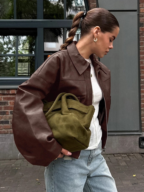 Faux Leather Women's Biker Jacket - Retro Oversized Lapel Collar Moto Coat - Vintage Zip Up Streetwear Spring Outfits 2026