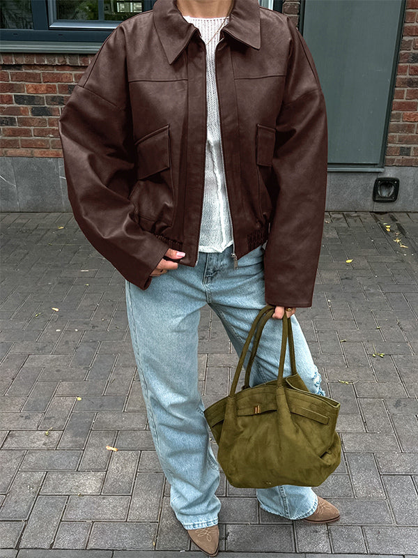 Faux Leather Women's Biker Jacket - Retro Oversized Lapel Collar Moto Coat - Vintage Zip Up Streetwear Spring Outfits 2026
