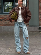 Faux Leather Women's Biker Jacket - Retro Oversized Lapel Collar Moto Coat - Vintage Zip Up Streetwear Spring Outfits 2026
