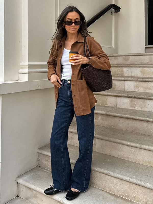 Faux Suede Tan Women's Shirt Jacket - Retro Utility Cargo Pocket Oversized Top - Casual Spring Streetwear 2026
