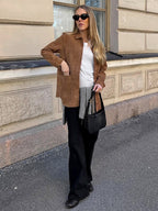 Faux Suede Tan Women's Shirt Jacket - Retro Utility Cargo Pocket Oversized Top - Casual Spring Streetwear 2026