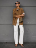 Faux Suede Tan Women's Shirt Jacket - Retro Utility Cargo Pocket Oversized Top - Casual Spring Streetwear 2026