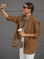 Faux Suede Tan Women's Shirt Jacket - Retro Utility Cargo Pocket Oversized Top - Casual Spring Streetwear 2026