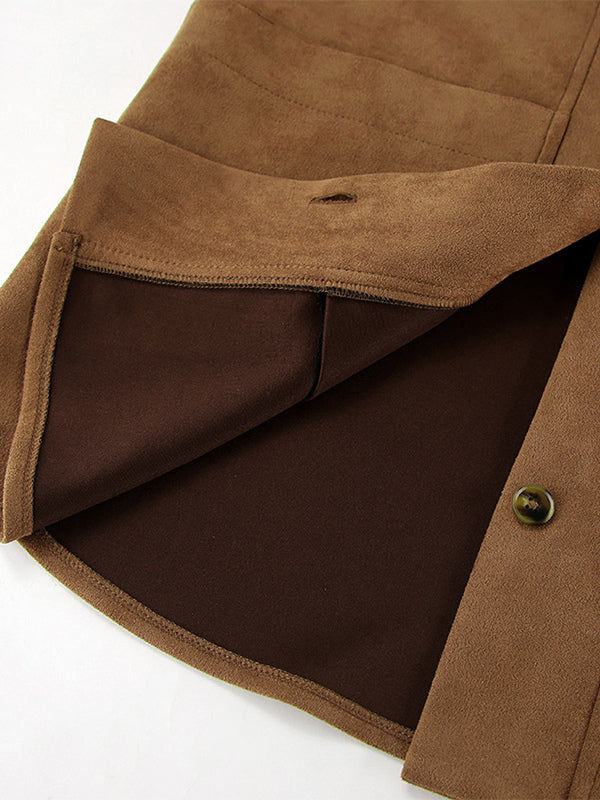 Faux Suede Tan Women's Shirt Jacket - Retro Utility Cargo Pocket Oversized Top - Casual Spring Streetwear 2026
