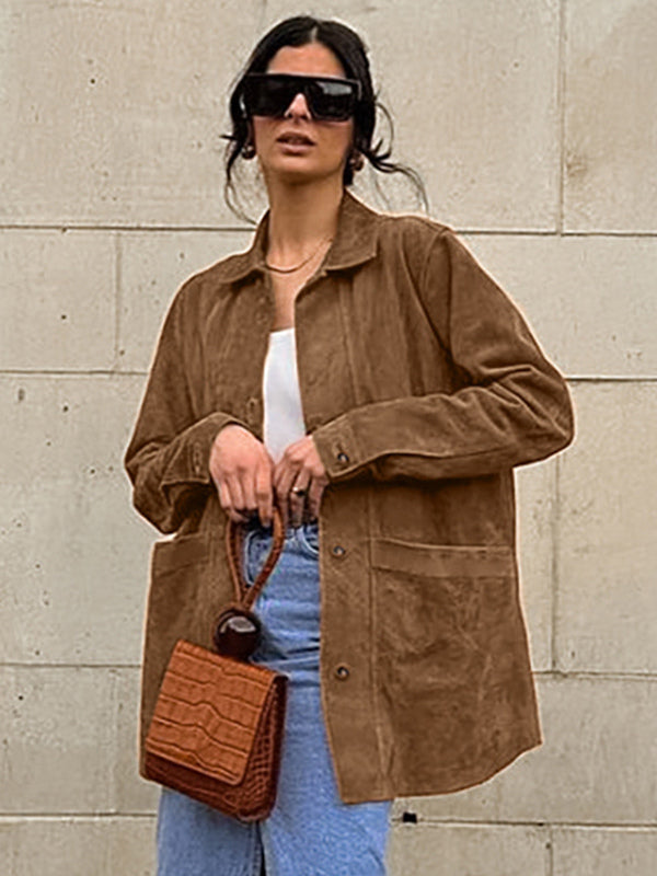 Faux Suede Tan Women's Shirt Jacket - Retro Utility Cargo Pocket Oversized Top - Casual Spring Streetwear 2026