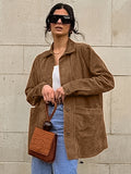 Faux Suede Tan Women's Shirt Jacket - Retro Utility Cargo Pocket Oversized Top - Casual Spring Streetwear 2026