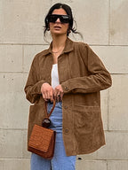 Faux Suede Tan Women's Shirt Jacket - Retro Utility Cargo Pocket Oversized Top - Casual Spring Streetwear 2026