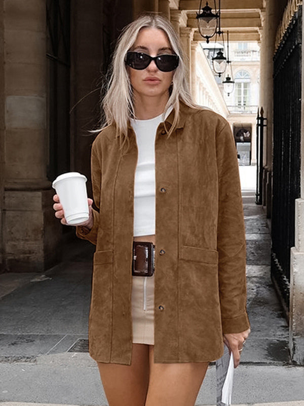 Faux Suede Tan Women's Shirt Jacket - Retro Utility Cargo Pocket Oversized Top - Casual Spring Streetwear 2026