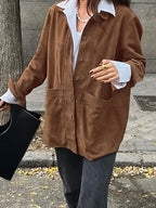 Faux Suede Tan Women's Shirt Jacket - Retro Utility Cargo Pocket Oversized Top - Casual Spring Streetwear 2026