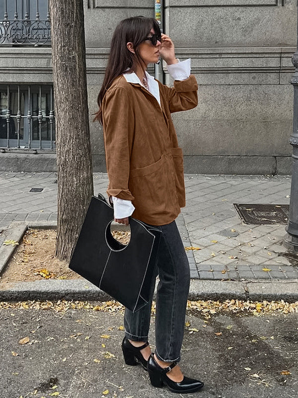 Faux Suede Tan Women's Shirt Jacket - Retro Utility Cargo Pocket Oversized Top - Casual Spring Streetwear 2026