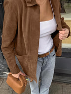 Faux Suede Tan Women's Shirt Jacket - Retro Utility Cargo Pocket Oversized Top - Casual Spring Streetwear 2026