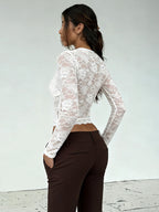 Sexy Sheer Lace Women's Crop Top - Deep V-Neck Long Sleeve Slim Fit - Coquette Style Night Out Clubwear 2026
