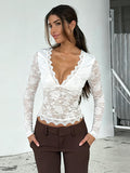 Sexy Sheer Lace Women's Crop Top - Deep V-Neck Long Sleeve Slim Fit - Coquette Style Night Out Clubwear 2026