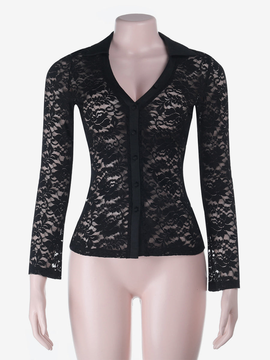 Sheer Lace Women's Lace Shirt - Gothic V-Neck Button Up Slim Shirt Cardigan - Spring Night Out Top 2026