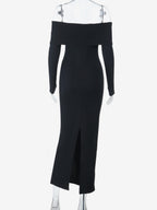 Off Shoulder Women's Maxi Dress - Elegant Pearl Beaded Back Slit Black Bodycon - Spring Party Wear 2026
