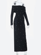 Off Shoulder Women's Maxi Dress - Elegant Pearl Beaded Back Slit Black Bodycon - Spring Party Wear 2026